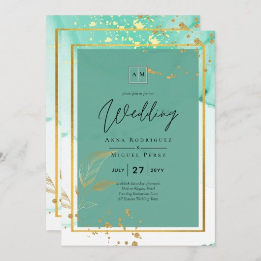 Mint Green Gold Alkohol Tinte Abstrakt Hochzeit Einladung (Vorne/Hinten)