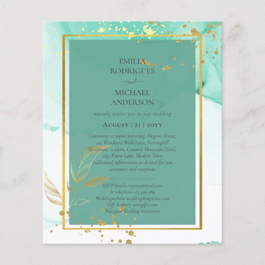 Mint Green Gold Alkohol Tinte Abstrakt Hochzeit Flyer (Vorne)