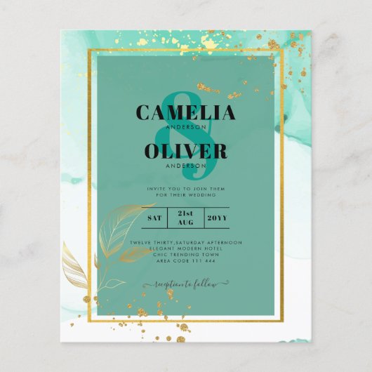 Mint Green Gold Alkohol Tinte Abstrakt Hochzeit Flyer (Vorne)