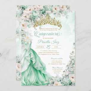Mint Green Gold Elegantin Princess Quinceañera Einladung