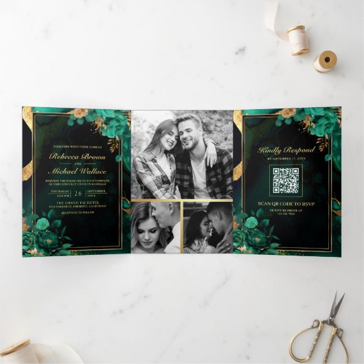 Mint Green Gold Floral Marble QR Code Hochzeit Dreifach Gefaltete Einladung (Innenseite)