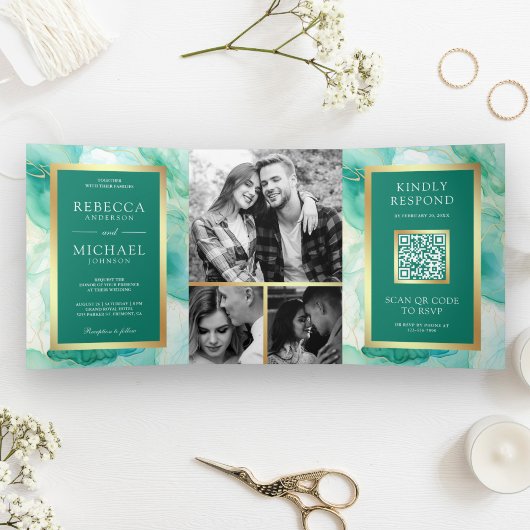 Mint Green Gold Fluid Tinte QR Code Hochzeit Dreifach Gefaltete Einladung