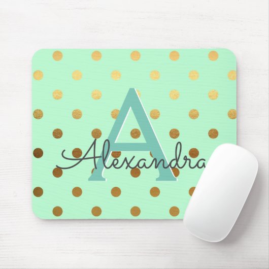 Mint Green & Gold Foil Polka Dots Monogram Name Mousepad (Mit Mouse)