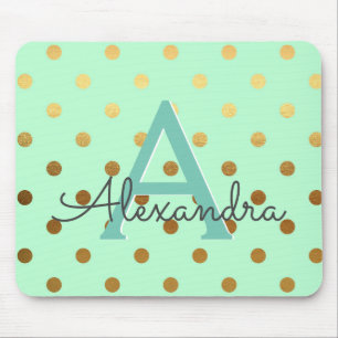 Mint Green & Gold Foil Polka Dots Monogram Name Mousepad