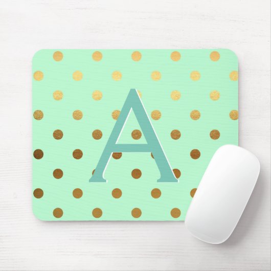 Mint Green & Gold Foil Polka Dots Monogram Name Mousepad (Mit Mouse)