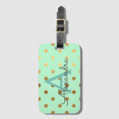 Mint Green & Gold Foil Polka Dots Monogramm Gepäckanhänger (Vorderseite Vertikal)