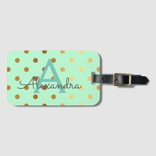 Mint Green & Gold Foil Polka Dots Monogramm Gepäckanhänger (Vorderseite (Horizontal))