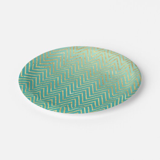 Mint Green Gold Glam Zickzack Ombre Pappteller (Schrägansicht)