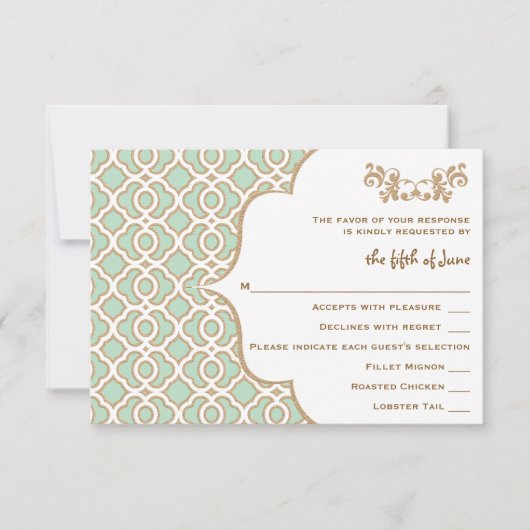 Mint Green Gold marokkanische Hochzeitskarten RSVP Karte (Vorderseite)