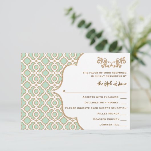 Mint Green Gold marokkanische Hochzeitskarten RSVP Karte (Stehend Vorderseite)