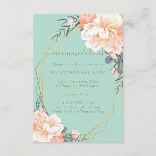 Mint Green Gold Peach Floral Hochzeitsunterkunft Begleitkarte (Vorderseite)