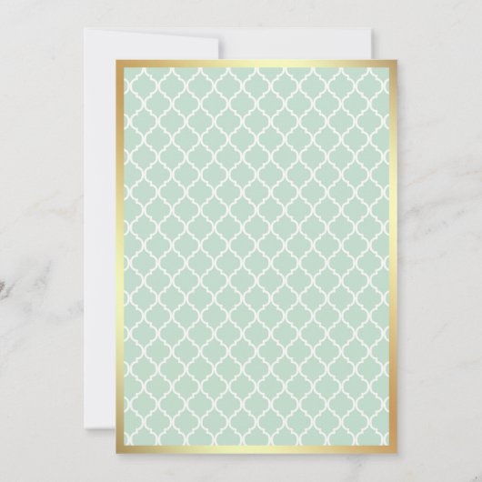 Mint Green Gold Quatrefoil Muster muslimische Hoch Einladung (Rückseite)