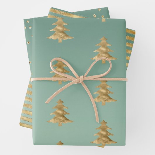 Mint Green Gold Streifen Weihnachtsbaumen Confetti Geschenkpapier Set (Beispiel)