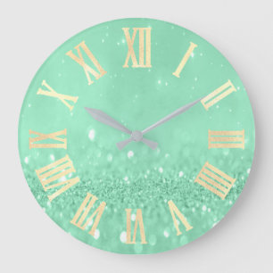 Mint Green Gold Unicorn Glitter Gray Roman Numbers Große Wanduhr