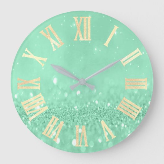 Mint Green Gold Unicorn Glitter Gray Roman Numbers Große Wanduhr (Vorderseite)