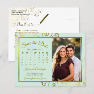 Mint Green & Gold Wedding Rett Date Calendar Foto Ankündigungspostkarte