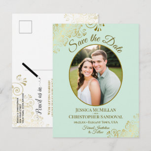 Mint Green & Gold Wedding Save the Date Oval Foto Ankündigungspostkarte