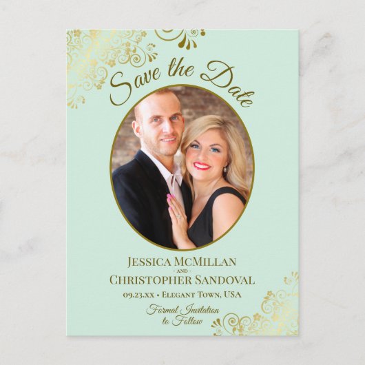 Mint Green & Gold Wedding Save the Date Oval Foto Ankündigungspostkarte (Vorderseite)
