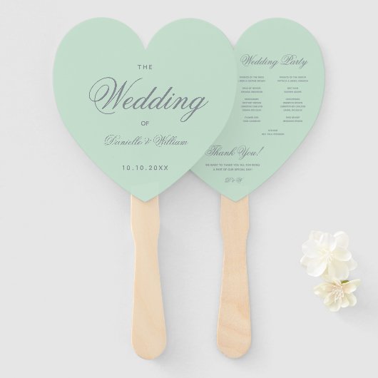 Mint Green Gray Calligraphy Heart Wedding Program Fächer (Vorne und Hinten)