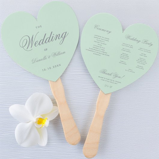 Mint Green Gray Calligraphy Heart Wedding Program Fächer