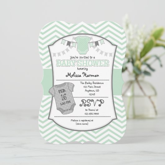 Mint Green Gray Zickzack Baby Dusche Einladung (Stehend Vorderseite)