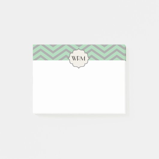Mint Green Gray Zickzack Gemustert Mit Monogramm Post-it Klebezettel (Vorderseite)