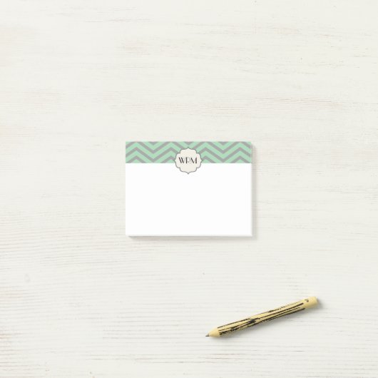Mint Green Gray Zickzack Gemustert Mit Monogramm Post-it Klebezettel (Auf Schreibtisch)
