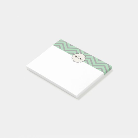 Mint Green Gray Zickzack Gemustert Mit Monogramm Post-it Klebezettel (angewinkelt)