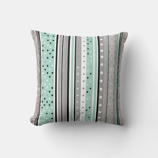 Mint Green Grey and White Striped Polka dot  Kissen (Vorderseite)