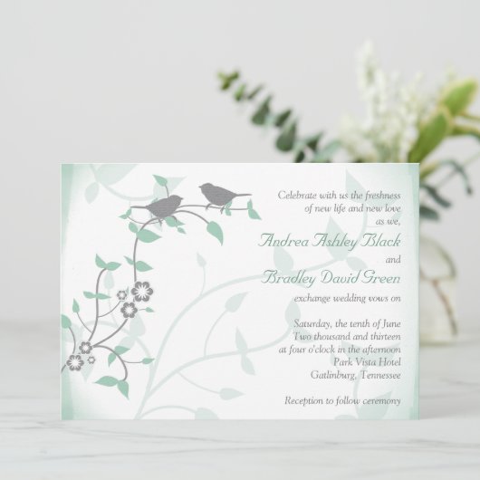 Mint Green Grey Birds Hochzeitseinladung Einladung (Stehend Vorderseite)