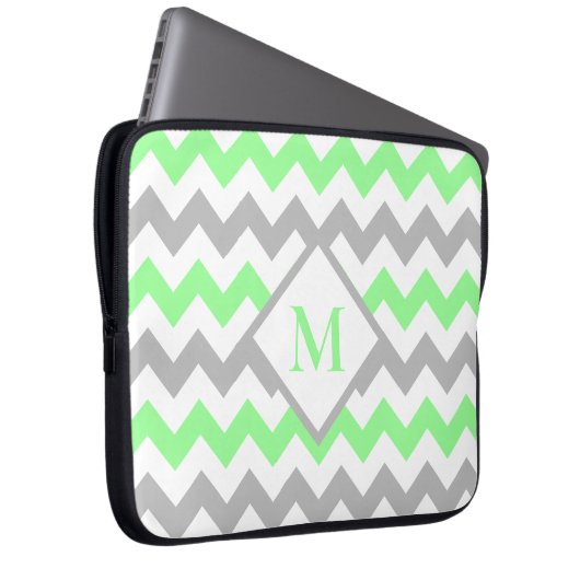 Mint Green Grey Zickzack Pattern Monogramm Laptopschutzhülle (Vorne Rechts)