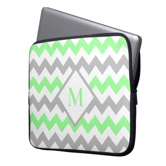 Mint Green Grey Zickzack Pattern Monogramm Laptopschutzhülle (Vorderseite Links)