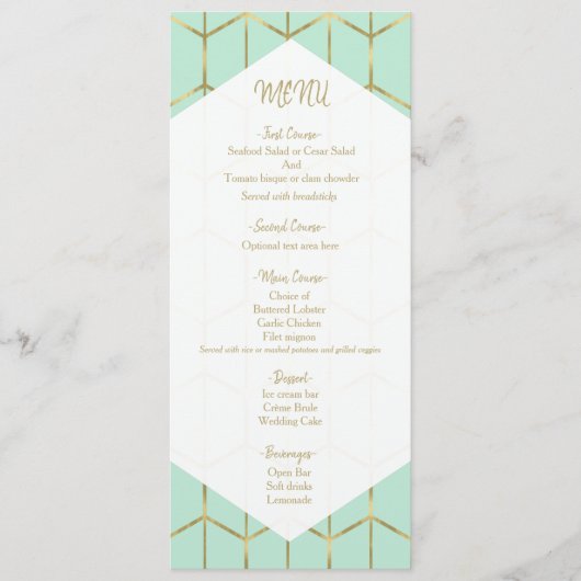 Mint Green Hexagon Gold Geometric Wedding Menu Menükarte (Vorderseite)