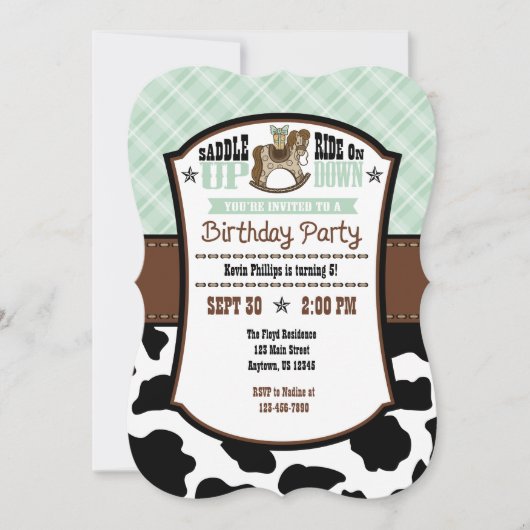 Mint Green Kariert Cowhide Cowboy Birthday Einladu Einladung (Vorderseite)