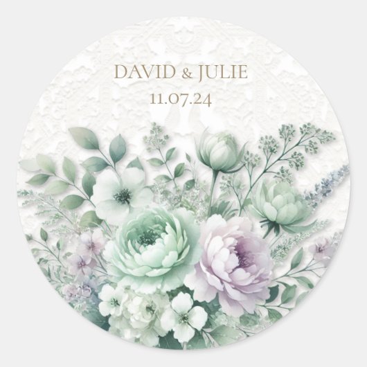 Mint Green & Lavender Floral White Lace Hochzeit Runder Aufkleber (Vorderseite)
