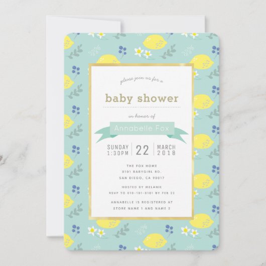 Mint Green Lemon Floral Baby Dusche Einladung (Vorderseite)