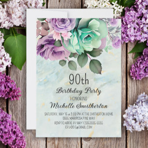 Mint Green Lila Floral Butterfly 90. Geburtstag Einladung