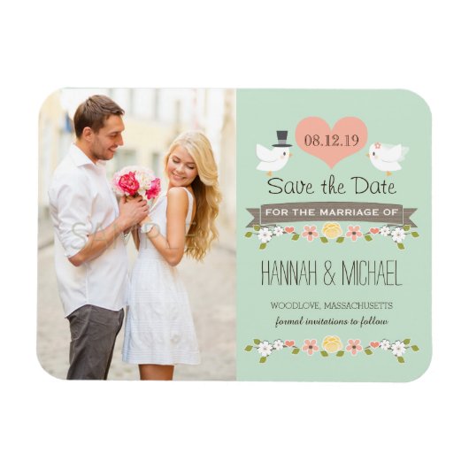 Mint Green Love Birds Dove Save the Date Magnet (Horizontal)