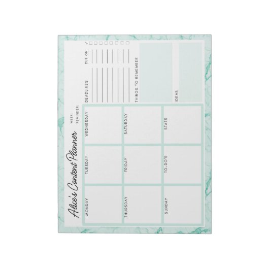 Mint Green Marble Content Planner Notizblock (Rotiert)