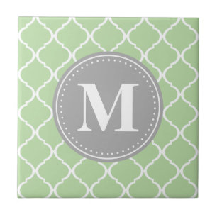 Mint Green marokkanisches Gitter Grau Monogram Fliese