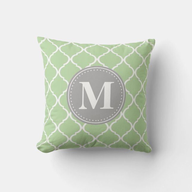 Mint Green marokkanisches Gitter Grau Monogram Kissen (Vorderseite)