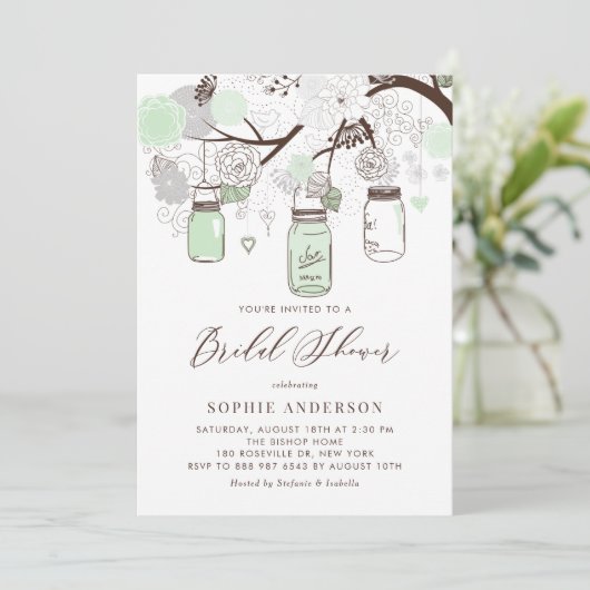 Mint Green Mason Jars Brautparty Einladung (Stehend Vorderseite)