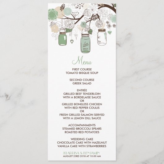 Mint Green Mason Jars Wedding Menu Card Menükarte (Vorderseite)