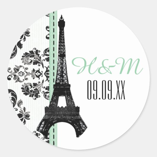 MINT GREEN Mit Monogramm Damask Eiffelturm Hochzei Runder Aufkleber (Vorderseite)