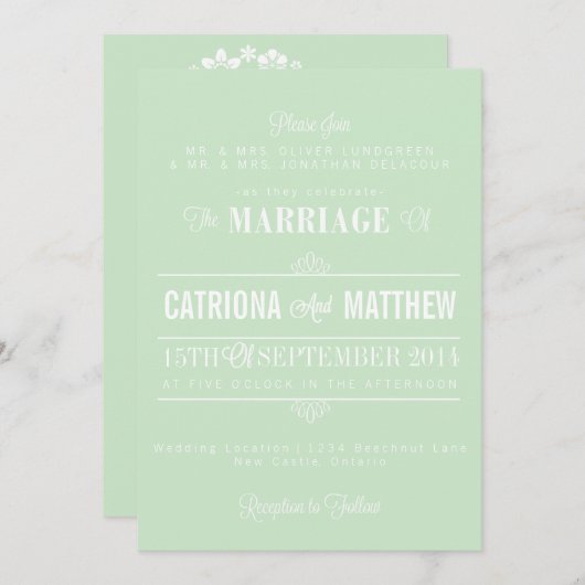 Mint Green Modern Floral Wedding Einladung (Vorne/Hinten)