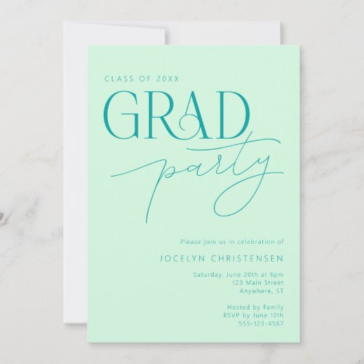 Mint Green Modern Minimal Grad Party Einladung (Vorderseite)