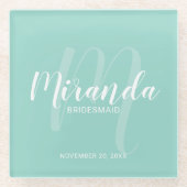 Mint Green Modern Script Personalisiert Bridesmaie Glasuntersetzer (Vorderseite)