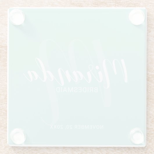 Mint Green Modern Script Personalisiert Bridesmaie Glasuntersetzer (Rückseite)