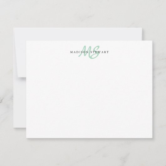 Mint Green Modern Trendy Brush Script Monogram Mitteilungskarte (Vorderseite)