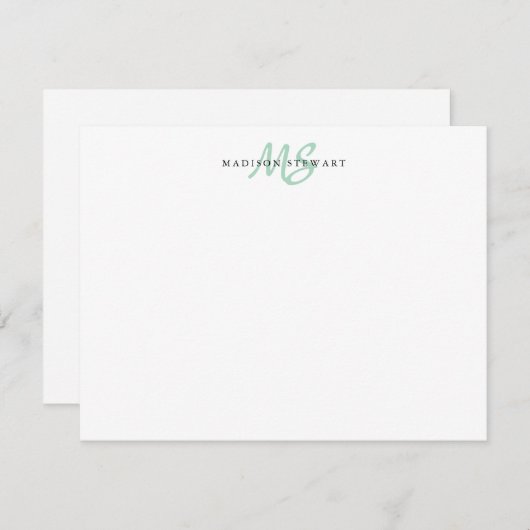 Mint Green Modern Trendy Brush Script Monogram Mitteilungskarte (Vorne/Hinten)